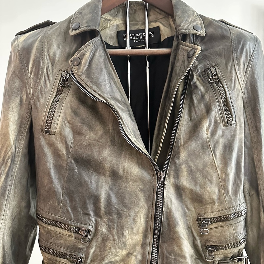 Balmain Distressed Leather Jacket - Gray